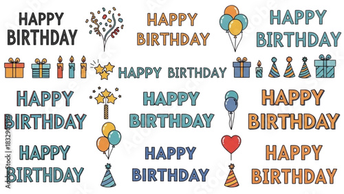Happy Birthday Greetings Collection with Celebration Icons and Decorations