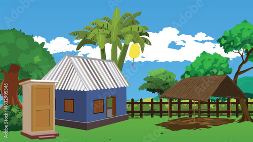 Vibrant rural scene featuring a simple blue home banana tree and outdoor shelter under bright blue skies