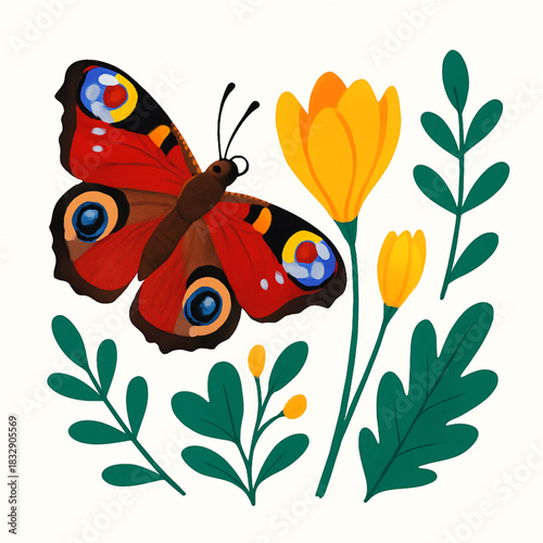 Minimalist and vibrant vector collection of different butterfly species sitting on spring and summer flowers. Flat design for digital projects, greeting cards, and nature-themed graphics.