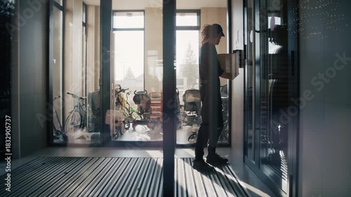 Wallpaper Mural A male courier holding a cardboard box walks through the entrance of a sleek and contemporary residential complex. Torontodigital.ca