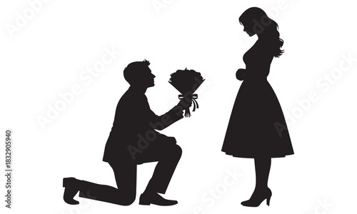 Romantic marriage proposal silhouette of a man on one knee offering flowers to a woman