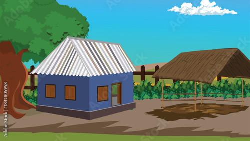 Charming rural village scene featuring a blue home with corrugated roof beside a traditional open shelter under bright blue sky