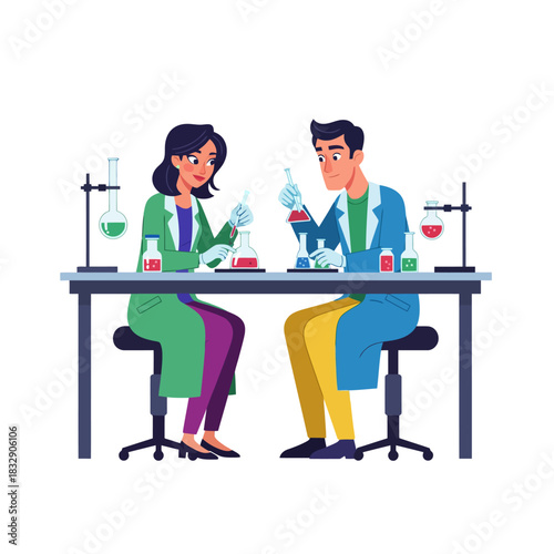 Scientists team up for a chemical experiment in a laboratory, mixing solutions with precision