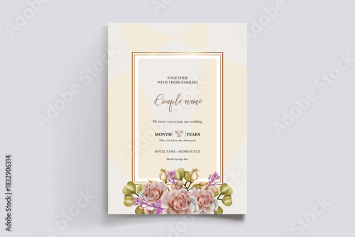 WEDDING INVITATION FRAME WITH FLOWER DECORATIONS AND FRESH LEAVES