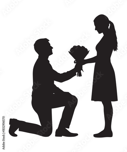 Romantic marriage proposal silhouette of a man kneeling with flowers offering to a woman