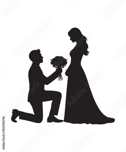 Romantic marriage proposal silhouette of a man kneeling with flowers offering to a woman