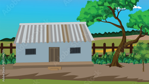 Charming, humble rural dwelling with corrugated iron roof under bright blue sky and lush green tree