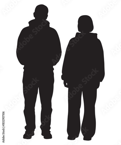 Two full body silhouettes of people standing together on a white background
