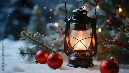 Christmas, Lantern, Snow, Decorations, Festive, Holiday, Seasonal, Red Ornaments