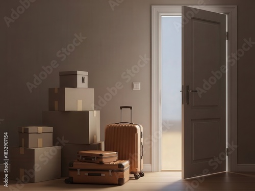 Moving boxes and luggage near an open door, signifying relocation and new beginnings