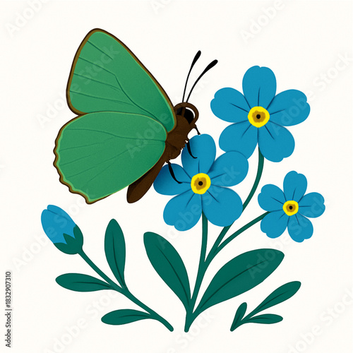 Minimalist and vibrant vector collection of different butterfly species sitting on spring and summer flowers. Flat design for digital projects, greeting cards, and nature-themed graphics.