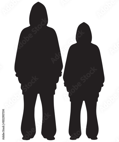 Two full body human figures standing side by side in a distinctive silhouette style