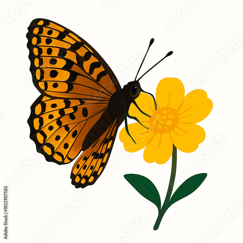 Minimalist and vibrant vector collection of different butterfly species sitting on spring and summer flowers. Flat design for digital projects, greeting cards, and nature-themed graphics.