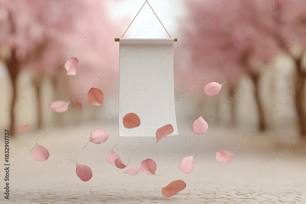 Fototapeta premium White blank mockup banner in park, cherry blossom petals falling, soft pink background, springtime atmosphere