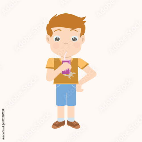Cartoon boy drinking juice or milk from a box using a straw. Refreshment and break time concept