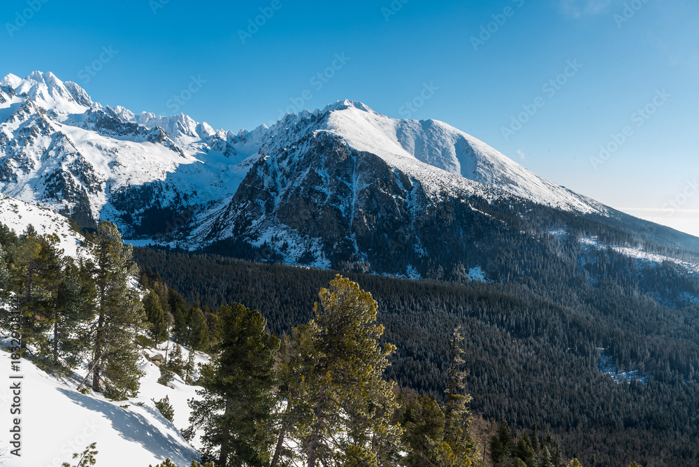 Fototapeta premium Winter High Tatras mountains in Slovakia - view during ascend to Patria mountain peak