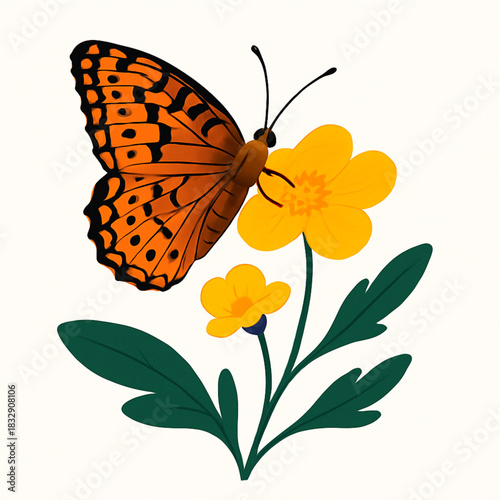 Minimalist and vibrant vector collection of different butterfly species sitting on spring and summer flowers. Flat design for digital projects, greeting cards, and nature-themed graphics.