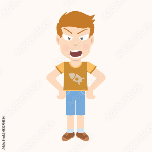 Vector illustration of a mad or angry cartoon boy with hands on his hips and a frowning expression. Tantrum or disagreement concept