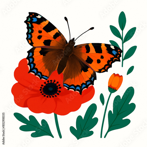 Minimalist and vibrant vector collection of different butterfly species sitting on spring and summer flowers. Flat design for digital projects, greeting cards, and nature-themed graphics.