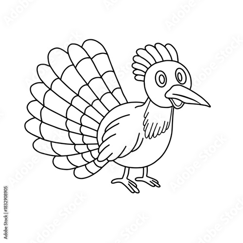 Line art cartoon turkey bird for coloring book. Simple hand drawn thanksgiving poultry outline