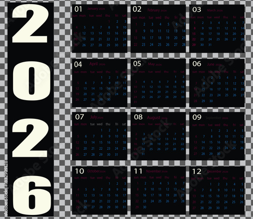 Modern Black 2026 Yearly Calendar Design