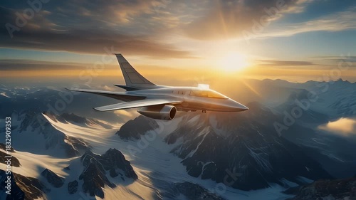 Jet Plane Soaring Over Majestic Snow-Capped Mountains at Sunset.