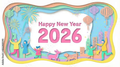 Happy New Year 2026 pastel paper cut illustration with celebrating people, fireworks and city background
