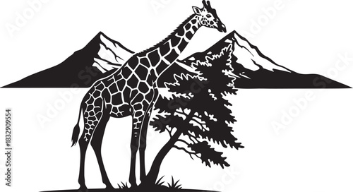 Giraffe Mountain Landscape Silhouette Vector