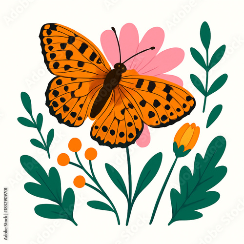 Minimalist and vibrant vector collection of different butterfly species sitting on spring and summer flowers. Flat design for digital projects, greeting cards, and nature-themed graphics.