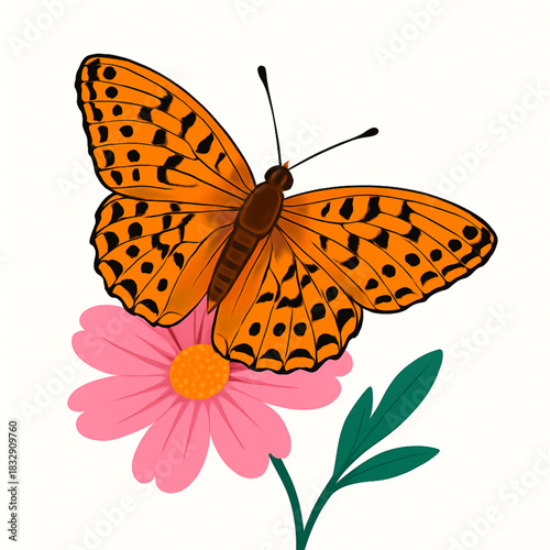 Minimalist and vibrant vector collection of different butterfly species sitting on spring and summer flowers. Flat design for digital projects, greeting cards, and nature-themed graphics.