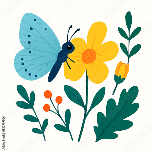 Minimalist and vibrant vector collection of different butterfly species sitting on spring and summer flowers. Flat design for digital projects, greeting cards, and nature-themed graphics.