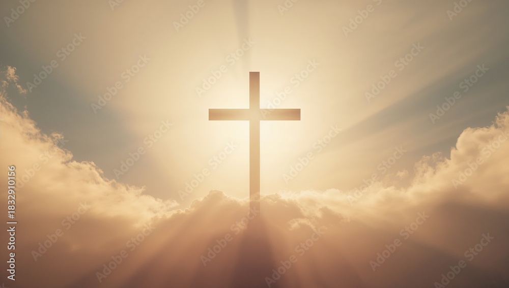 Naklejka premium Majestic Cross Silhouette Against Bright Sky and Radiant Sunlight