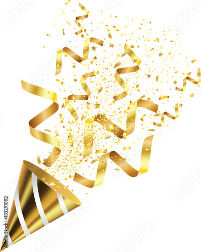 Golden confetti and party poppers isolated on a white background