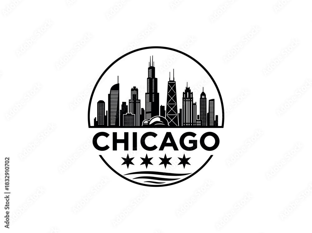Fototapeta premium Chicago city skyline emblem with landmarks and bold city text