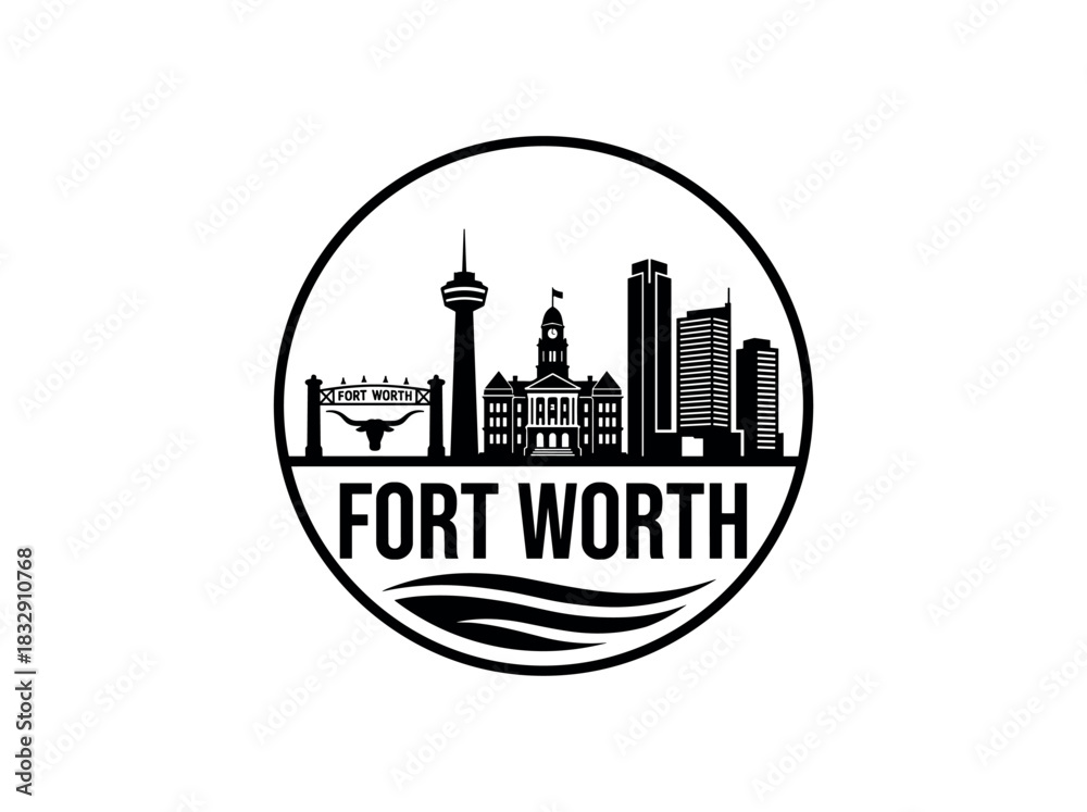 Fototapeta premium Fort Worth city skyline emblem with landmarks and bold city text