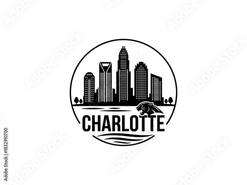 Charlotte city skyline emblem with landmarks and bold city text