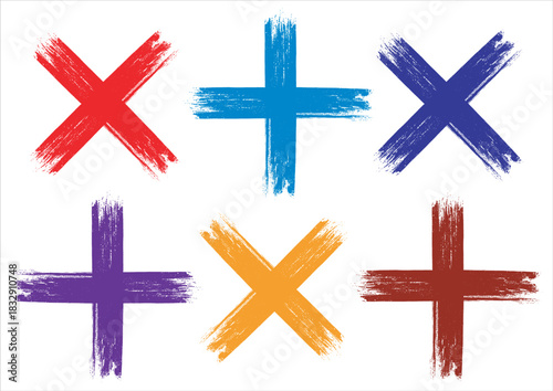 Colorful plus and x symbols created with bold brushstroke effects