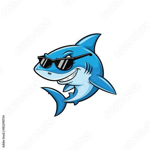 Cartoon blue shark wearing Christmas black sunglasses smiling with white background Keywords: shark, cartoon, sunglasses, cool, smiling, happy, ocean, sea, marine, animal