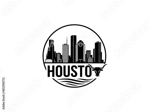 Houston city skyline emblem with landmarks and bold city text