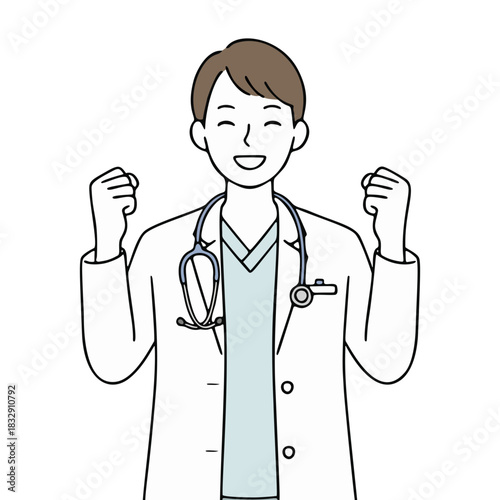 男性医療従事者のイラスト　ガッツポーズ