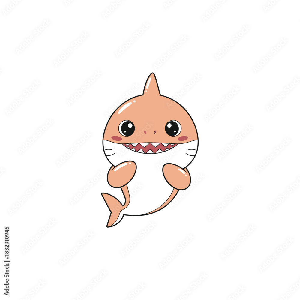 Obraz premium Cute baby shark with big eyes and pink cheeks on white background Keywords: baby shark, cute, cartoon, shark, pink cheeks, big eyes, smiling, happy, ocean, sea, Christmas