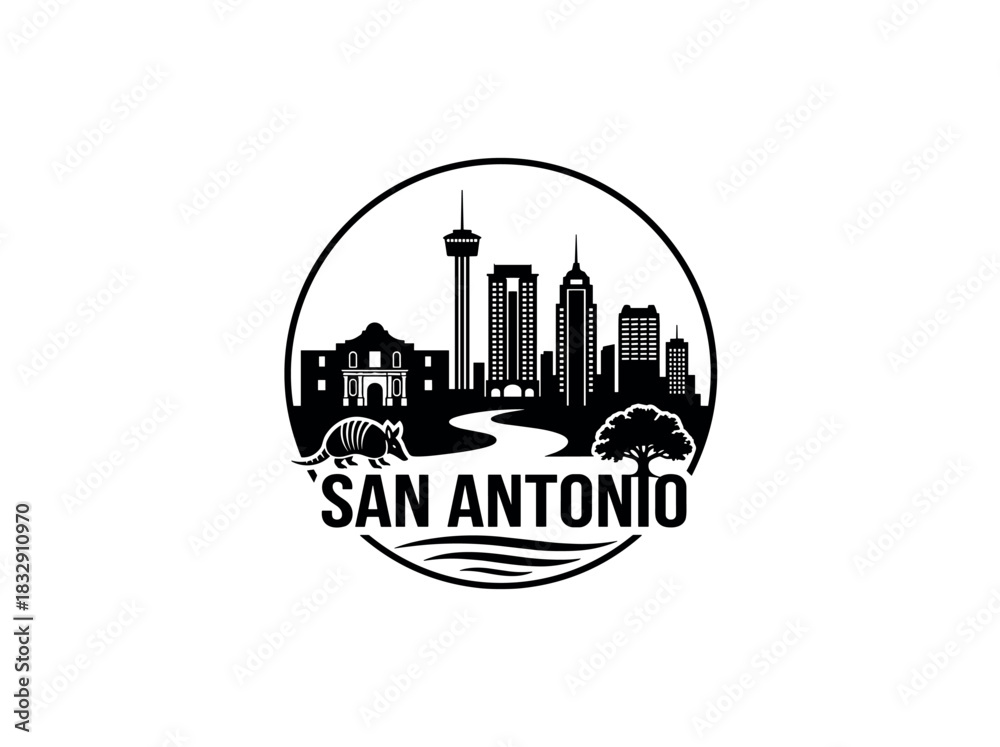 Obraz premium San Antonio city skyline emblem with landmarks and bold city text
