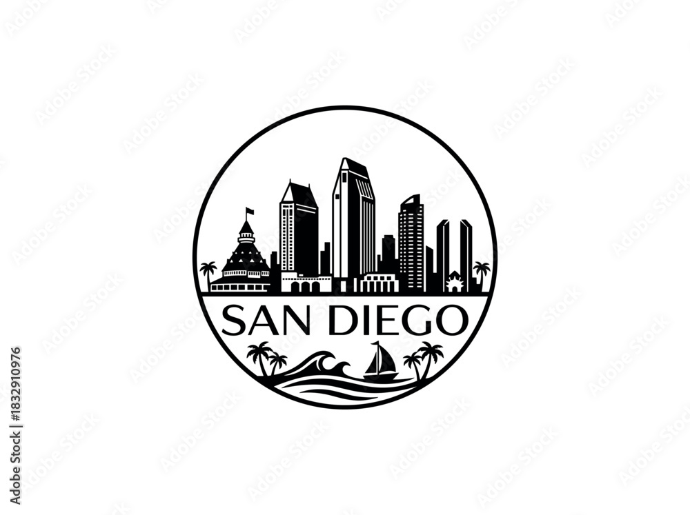 Fototapeta premium San Diego city skyline emblem with landmarks and bold city text