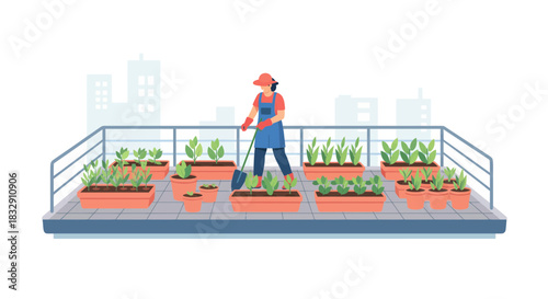 Rooftop garden flourishing under care, urban gardening lifestyle concept, woman tending plants in containers, sustainable city living, fresh herbs and vegetables