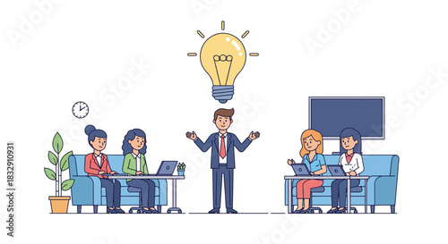 Dynamic teamwork: Modern workplace collaboration with innovative leader sparking creative ideas for team, fostering success and driving business growth