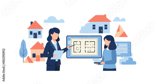 Real estate agents presenting architectural floor plans, visualizing dream homes and property investment opportunities for prospective buyers in a growing market