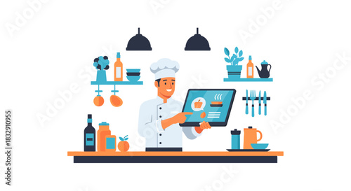 Modern chef using digital tablet for culinary recipes in a kitchen, showcasing professional food preparation and online cooking tutorials with a smile