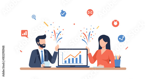 Dynamic business team celebrates project success with confetti and rising graph, showcasing achievement, modern teamwork, and professional accomplishment