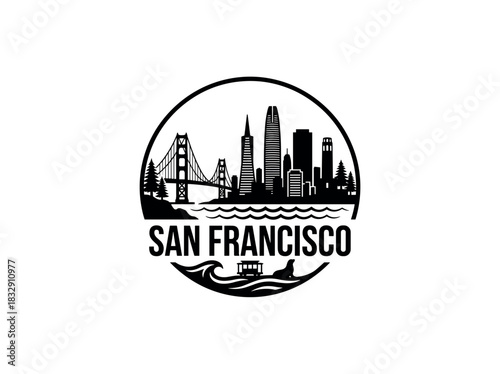 San Francisco city skyline emblem with landmarks and bold city text
