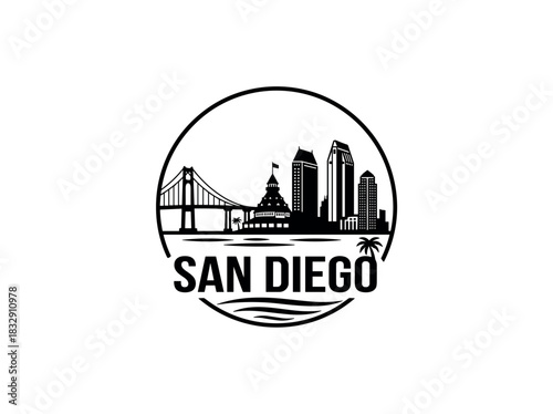 San Diego city skyline emblem with landmarks and bold city text